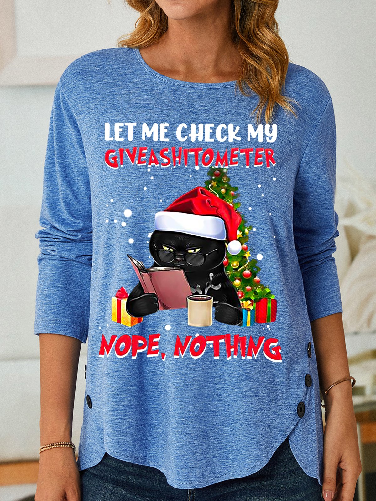 Womens Funny Christmas Black Cat Print Top