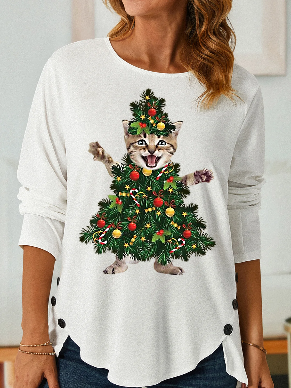 Womens Funny Cat Christmas Tree PrintTops