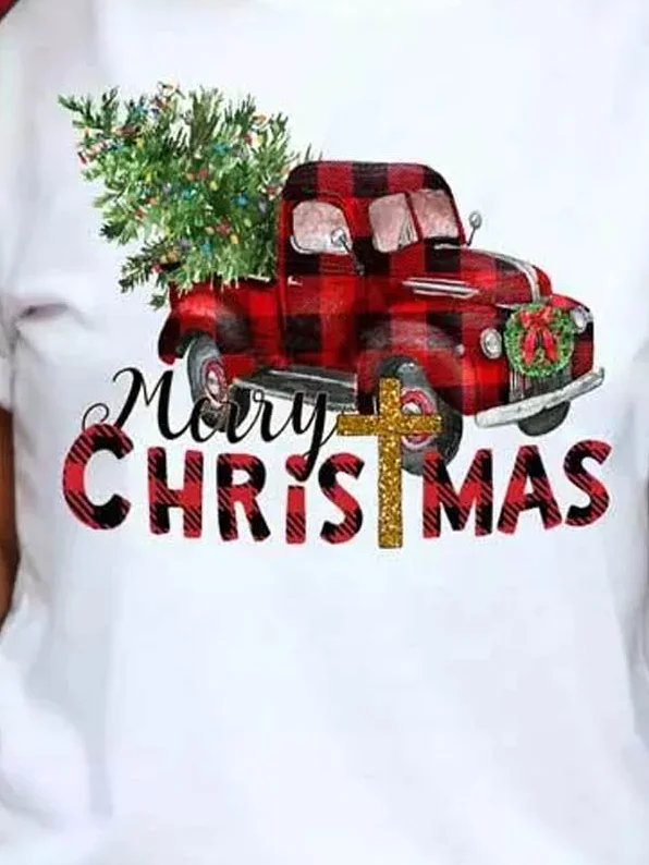 Women Merry Christmas Tree Buffalo Plaid Truck Simple Crew Neck T-Shirt