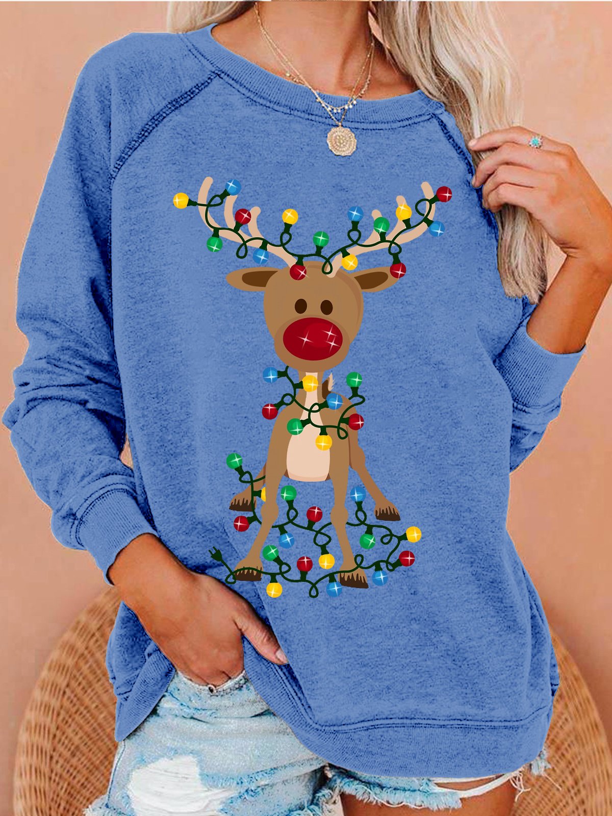 Womens Christmas Casual Elk Crew Neck Sweatshirt