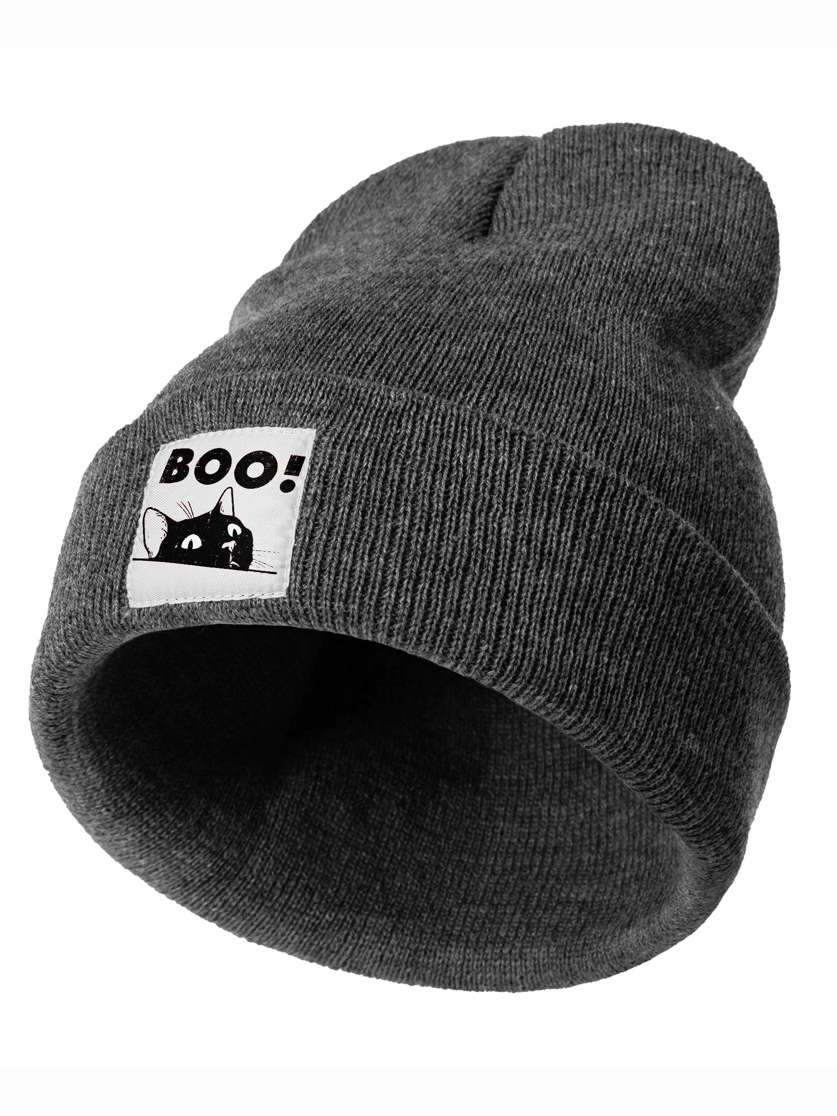 Boo Cute Black Cat Animal Graphic Beanie Hat