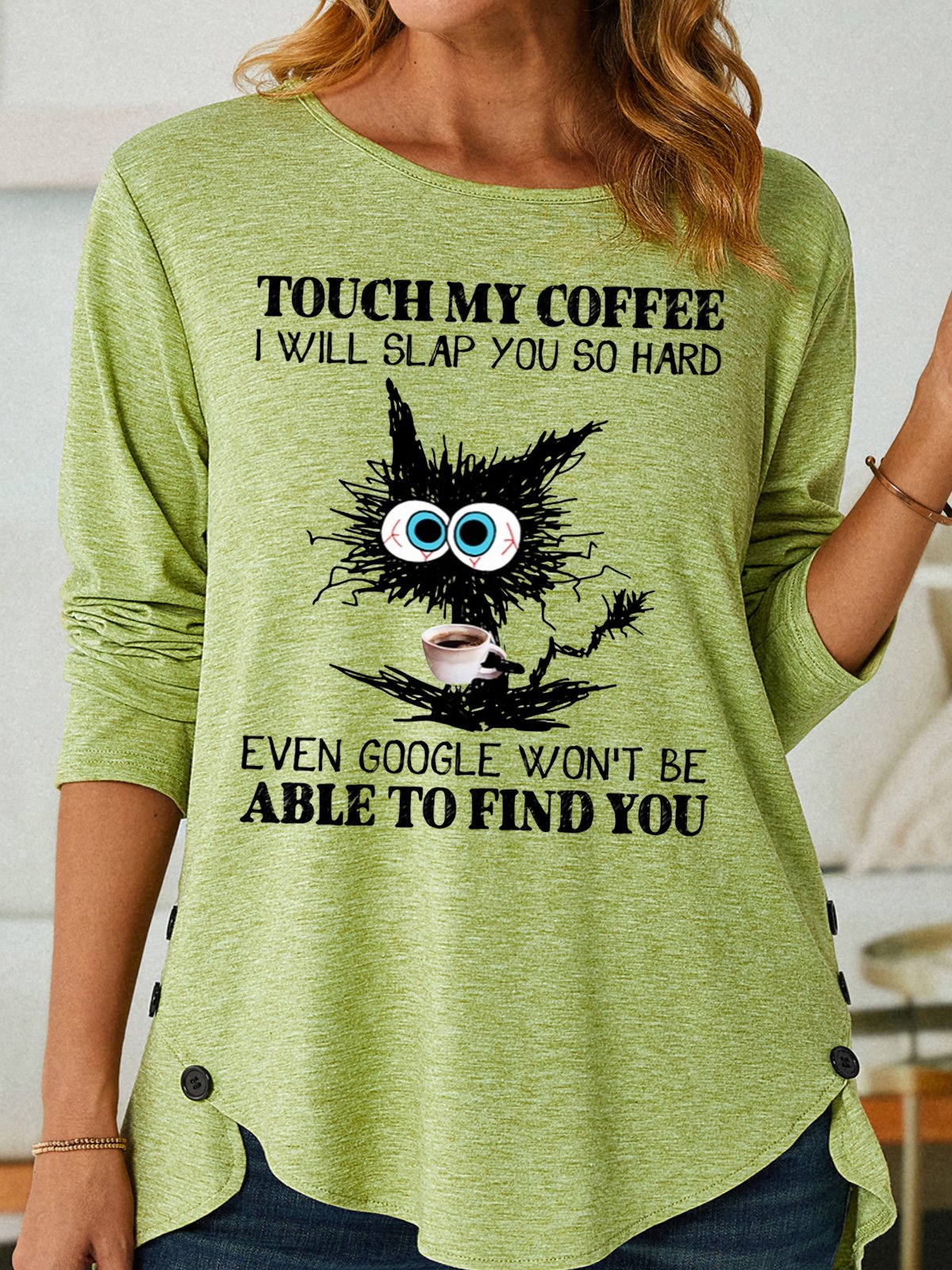 Womens Funny Letter Black Cat Print Crew Neck Top