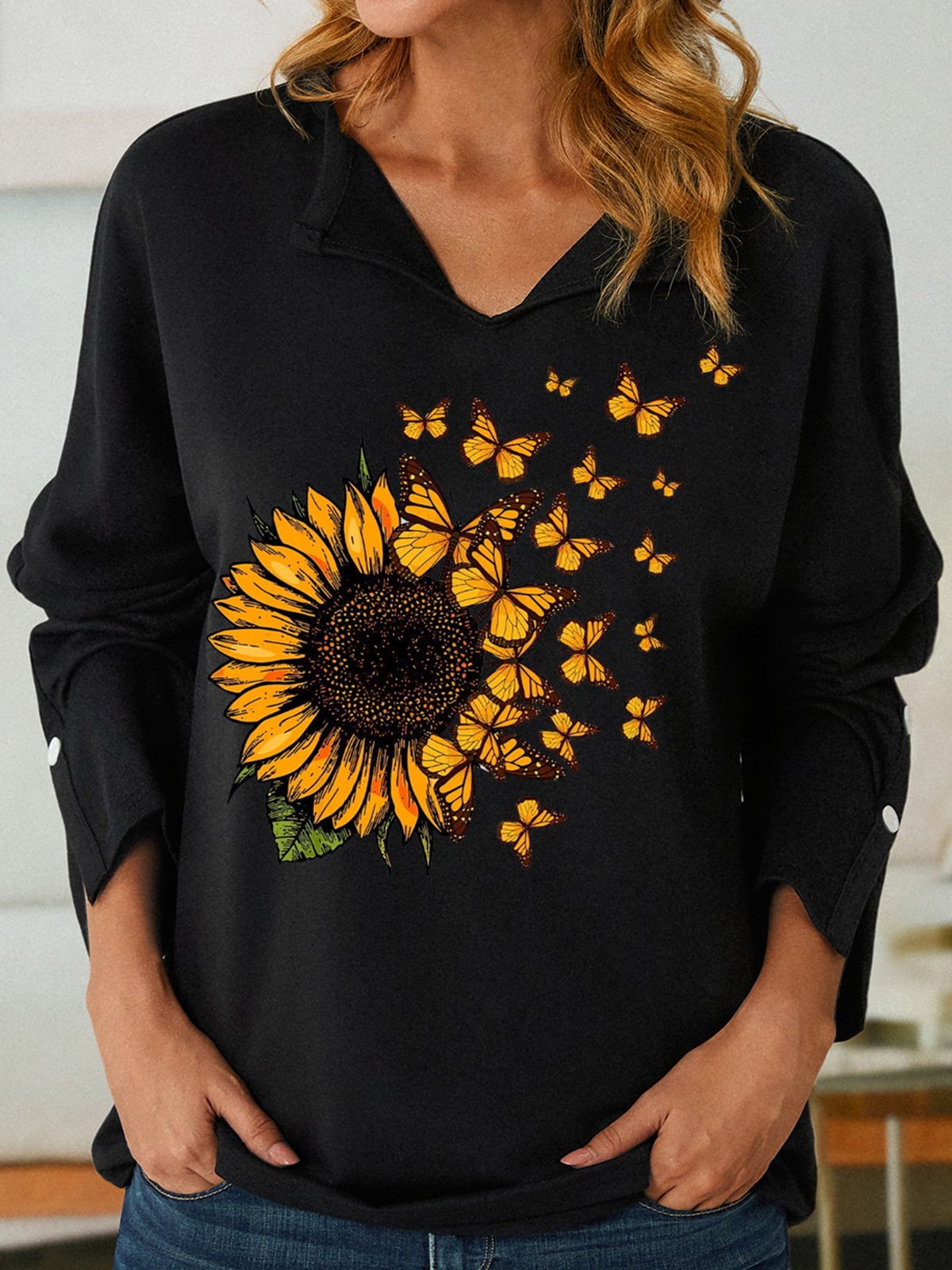 Womens Butterfly Sunflowers Print Casual Sweatshirt