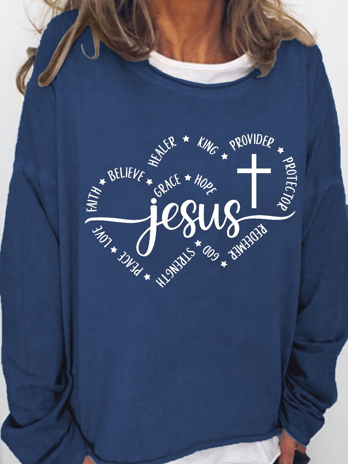 Women Jesus Faith Love Believe Christian Heart Crew Neck Sweatshirt