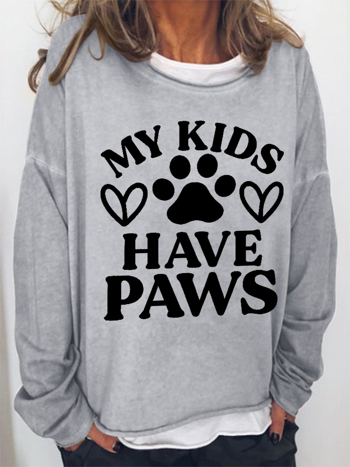 Women Funny Saying My Kids Have Paws Cotton-Blend Text Letters Loose Sweatshirt