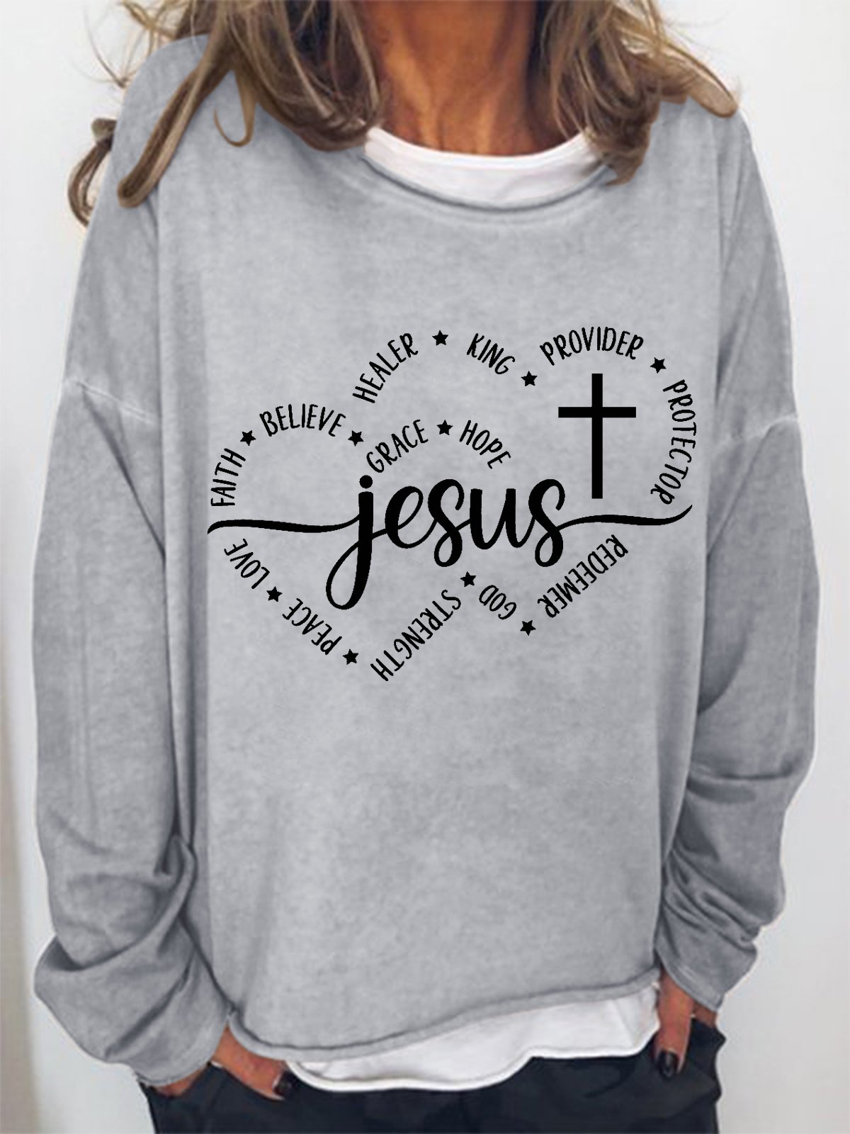 Women Jesus Faith Love Believe Christian Heart Crew Neck Sweatshirt