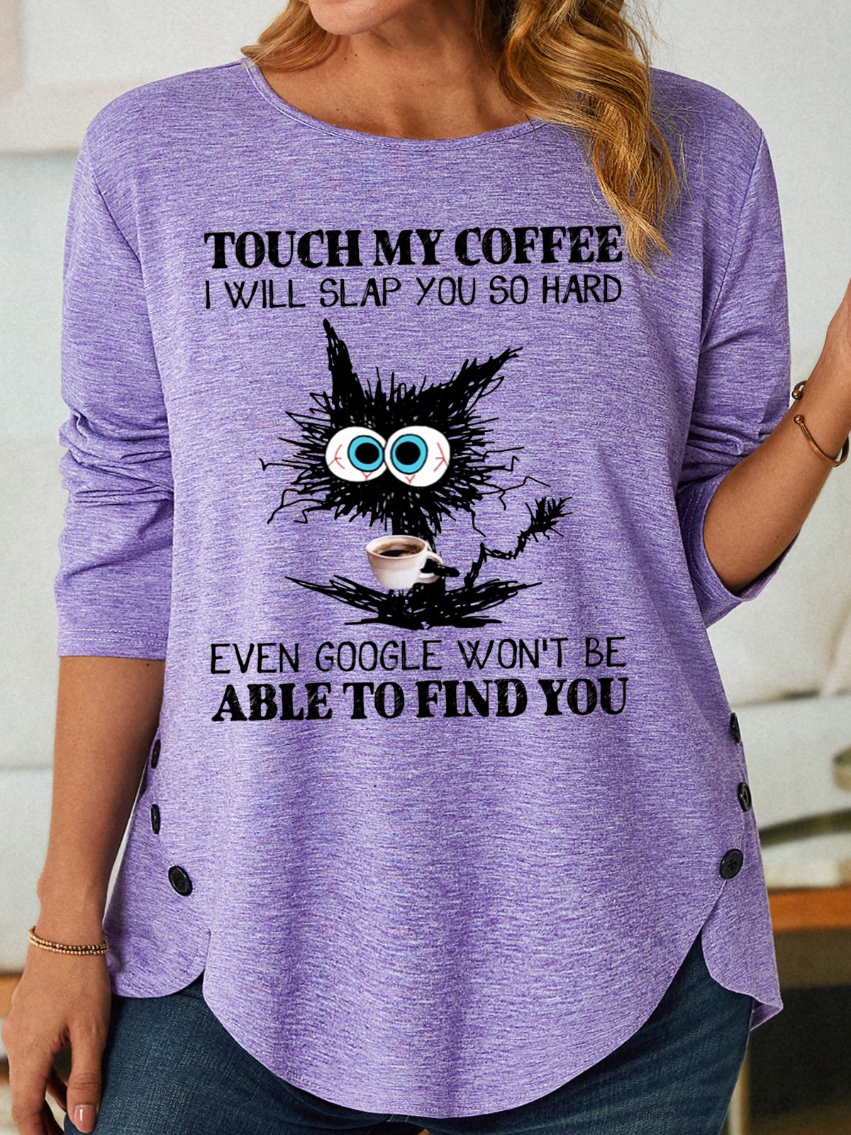 Womens Funny Letter Black Cat Print Crew Neck Top