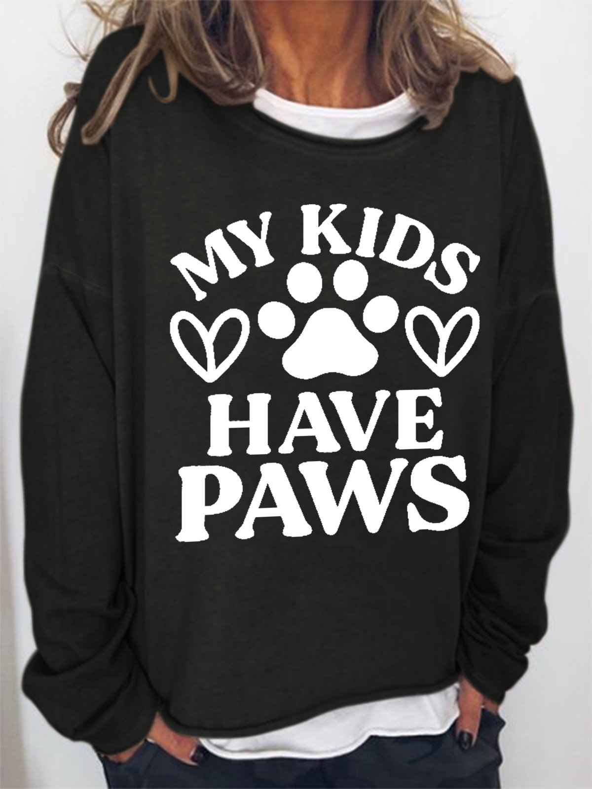 Women Funny Saying My Kids Have Paws Cotton-Blend Text Letters Loose Sweatshirt