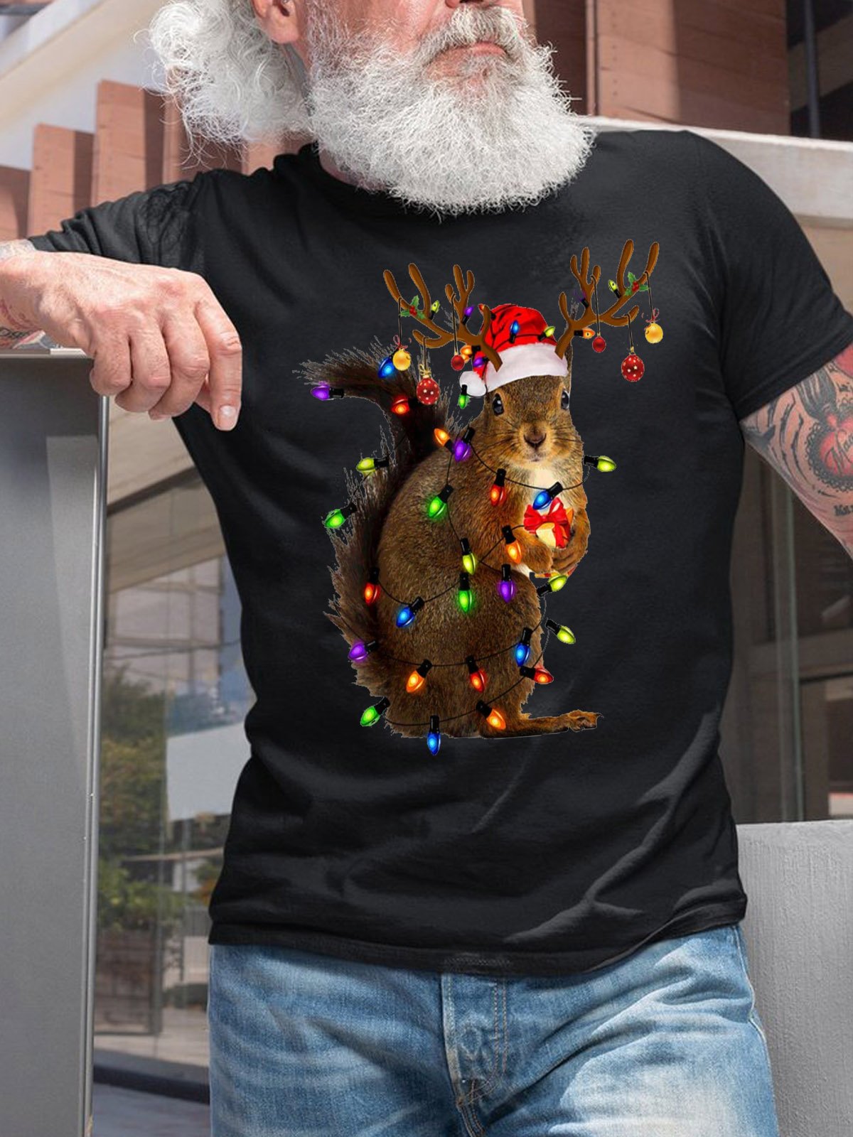 Men's Christmas Squirrel Light Casual Crew Neck T-Shirt