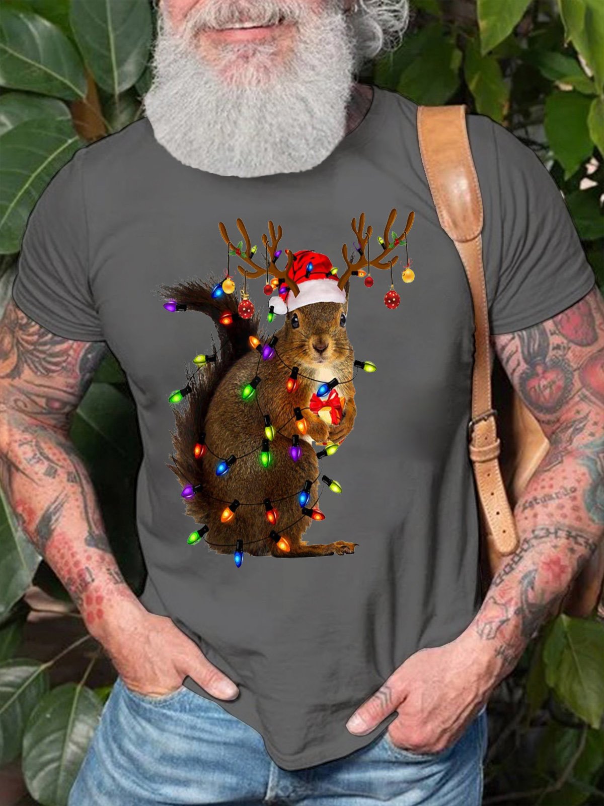 Men's Christmas Squirrel Light Casual Crew Neck T-Shirt