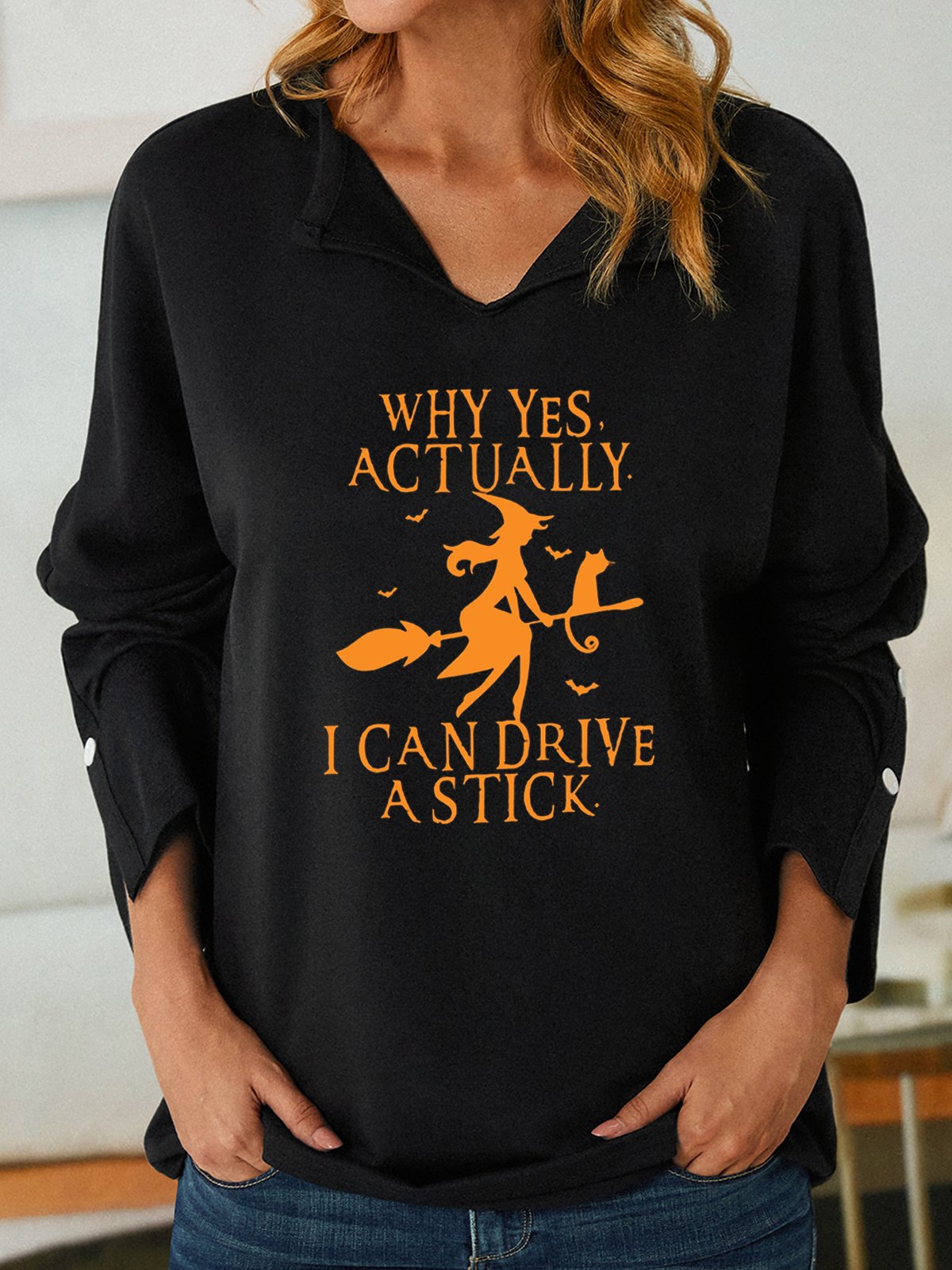 Women's Funny Graphic Yes I Can Drive A Stick V Neck Simple Sweatshirt