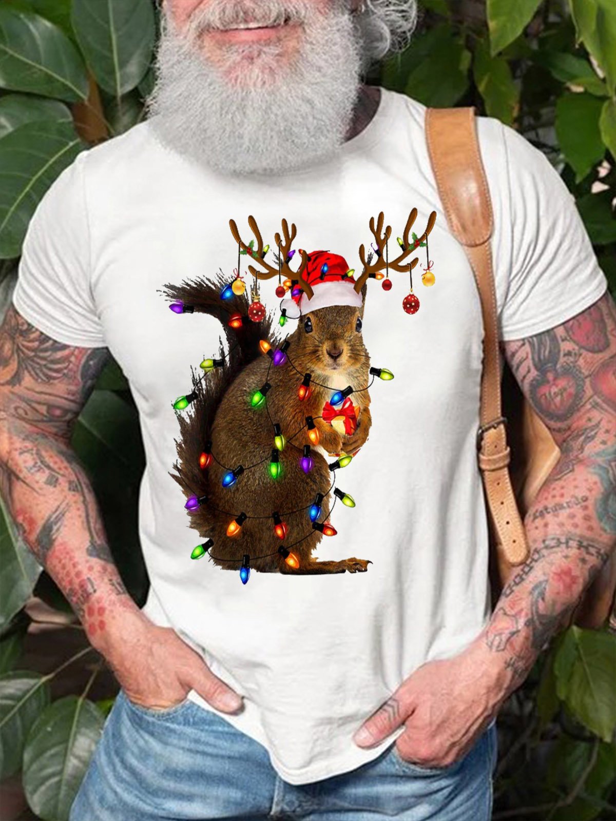 Men's Christmas Squirrel Light Casual Crew Neck T-Shirt