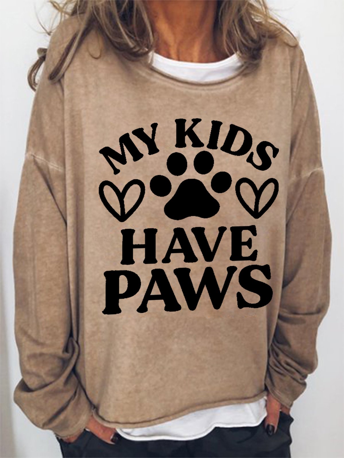 Women Funny Saying My Kids Have Paws Cotton-Blend Text Letters Loose Sweatshirt