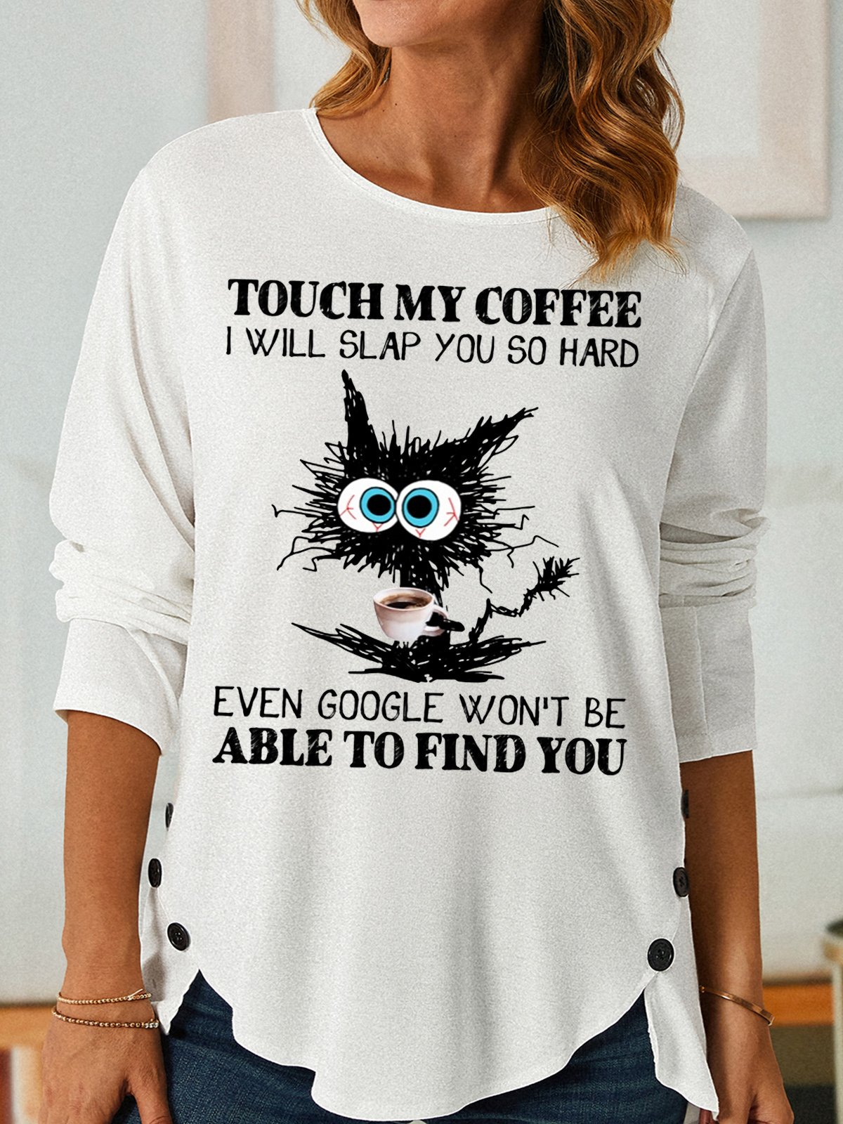 Womens Funny Letter Black Cat Print Crew Neck Top