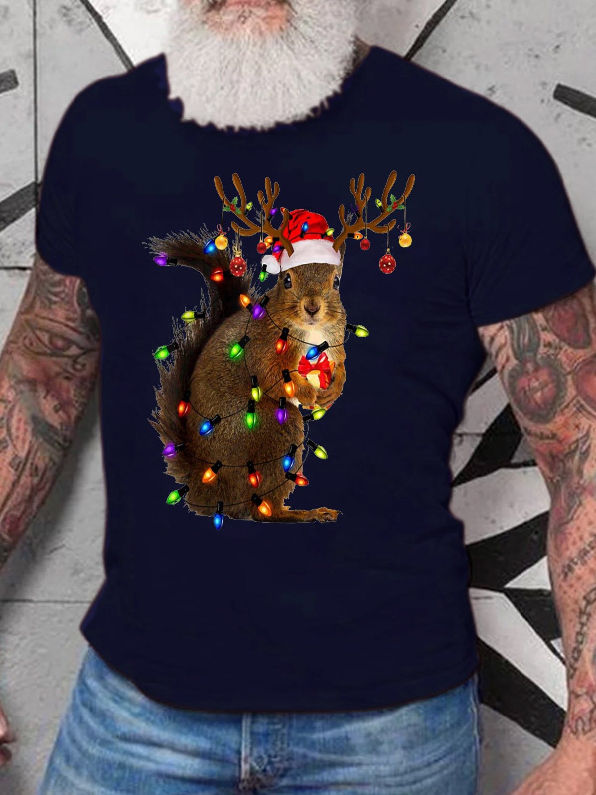 Men's Christmas Squirrel Light Casual Crew Neck T-Shirt