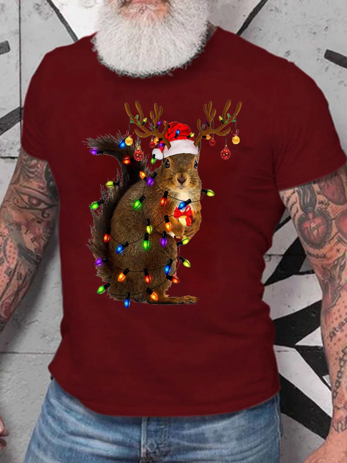 Men's Christmas Squirrel Light Casual Crew Neck T-Shirt