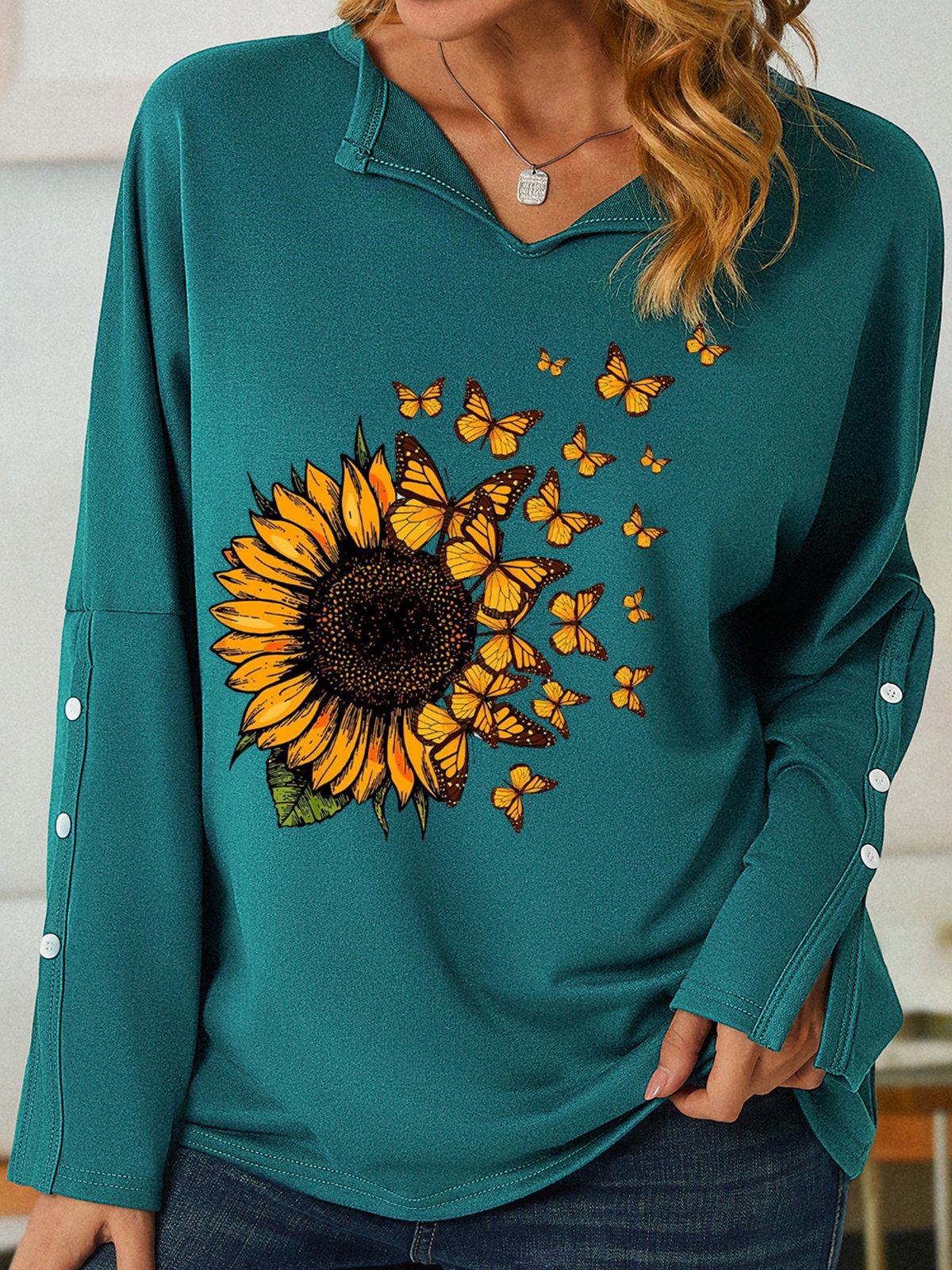 Womens Butterfly Sunflowers Print Casual Sweatshirt