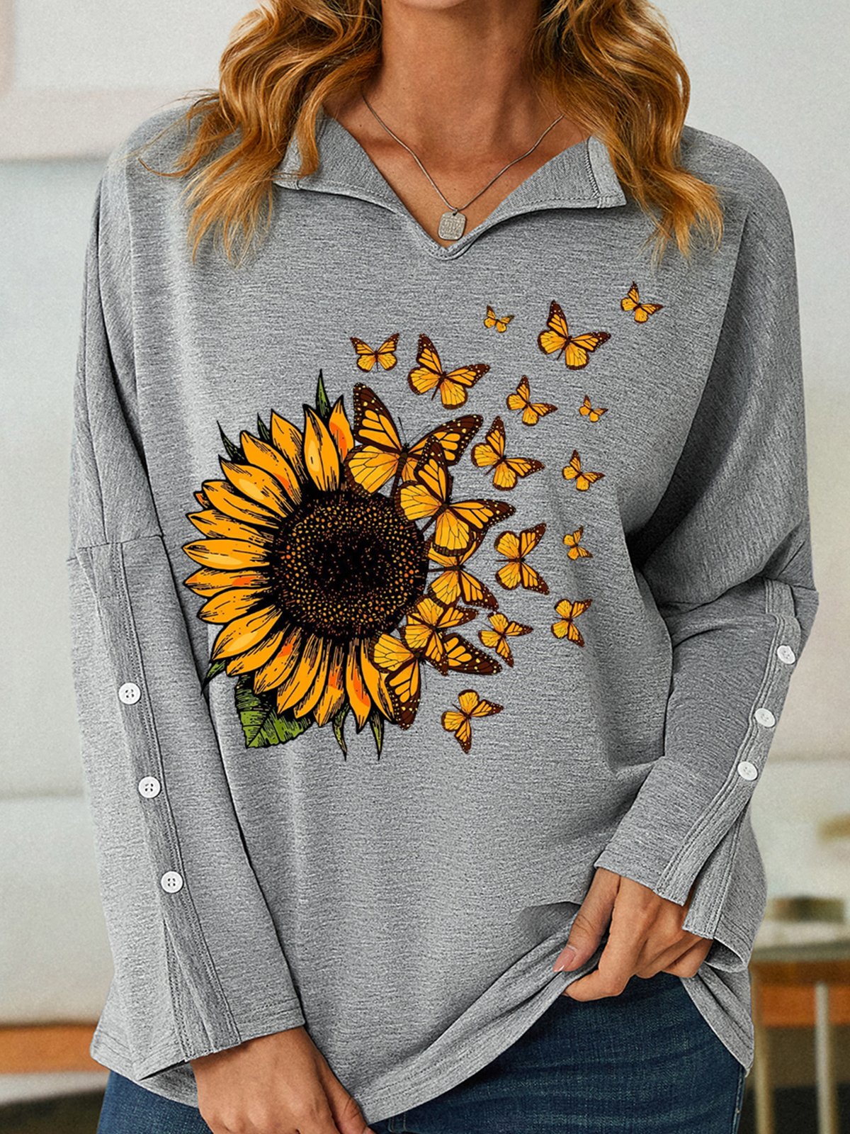 Womens Butterfly Sunflowers Print Casual Sweatshirt