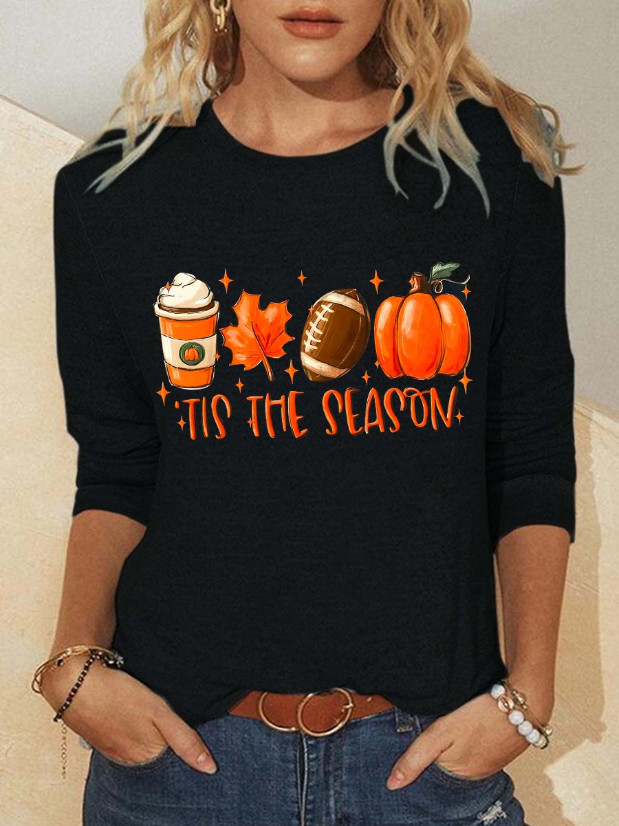 Women Funny It's The Season Pumpkin Halloween Simple Crew Neck Long sleeve Top