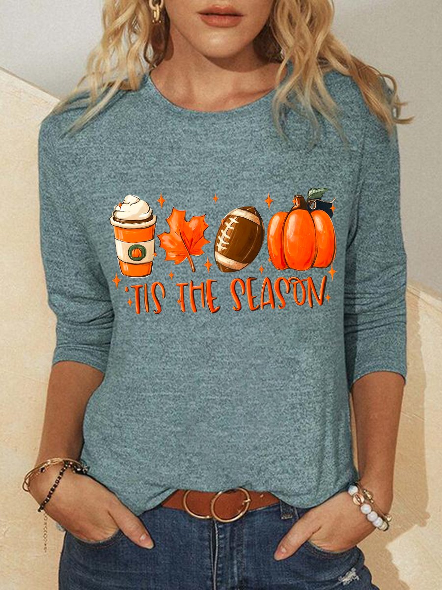 Women Funny It's The Season Pumpkin Halloween Simple Crew Neck Long sleeve Top