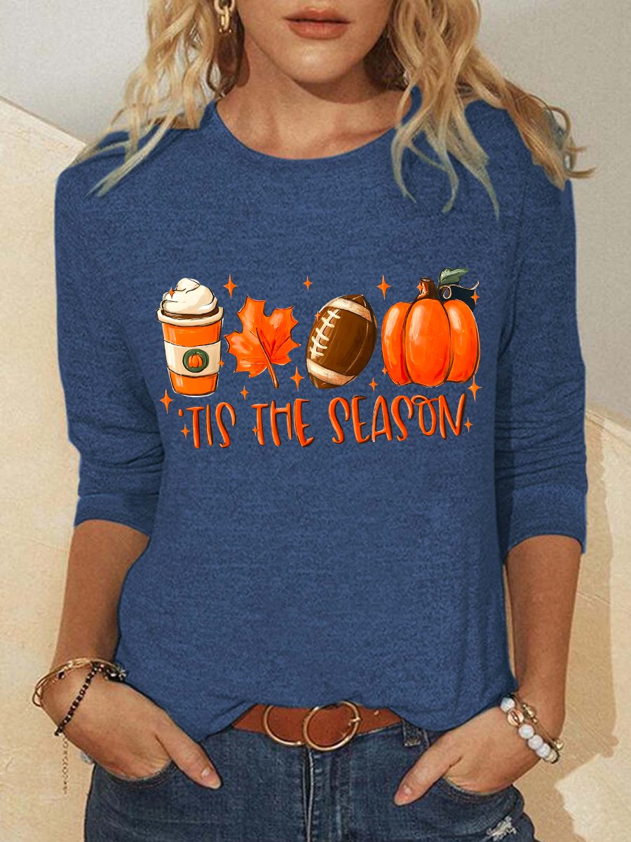 Women Funny It's The Season Pumpkin Halloween Simple Crew Neck Long sleeve Top