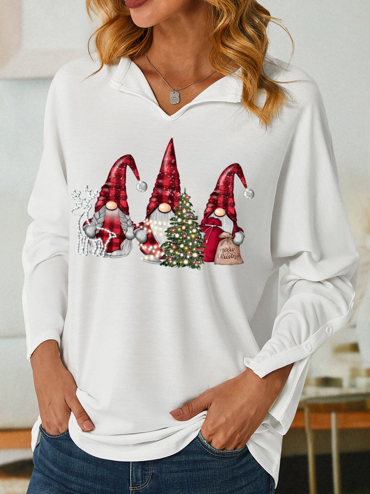 Women's Christmas Gnome Simple V Neck Christmas Sweatshirt