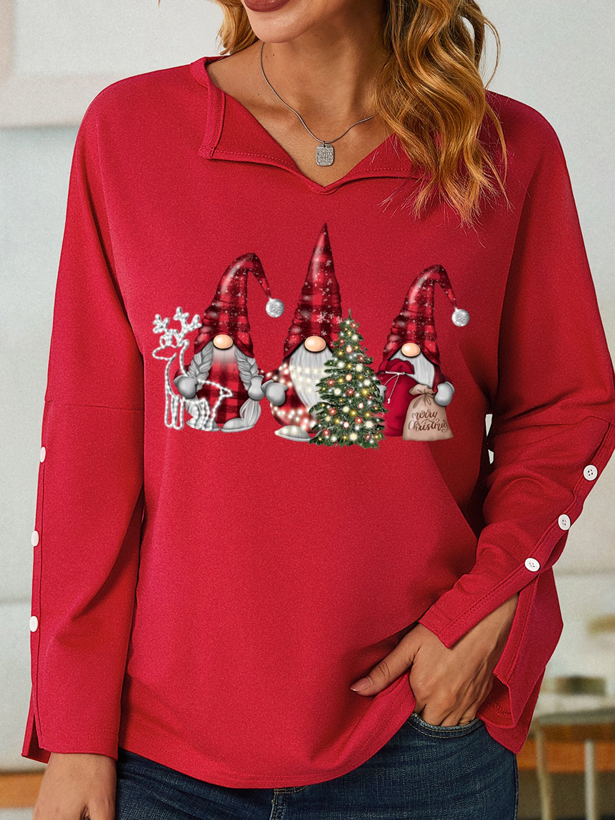 Women's Christmas Gnome Simple V Neck Christmas Sweatshirt