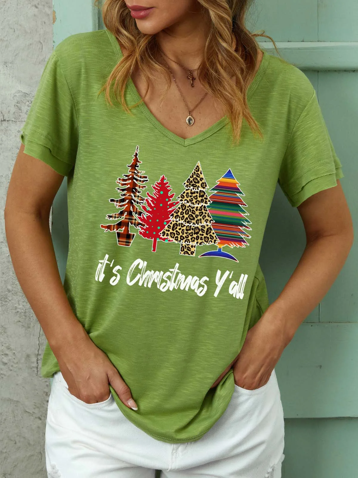 Women Christmas Tree V Neck Christmas Casual T-Shirt