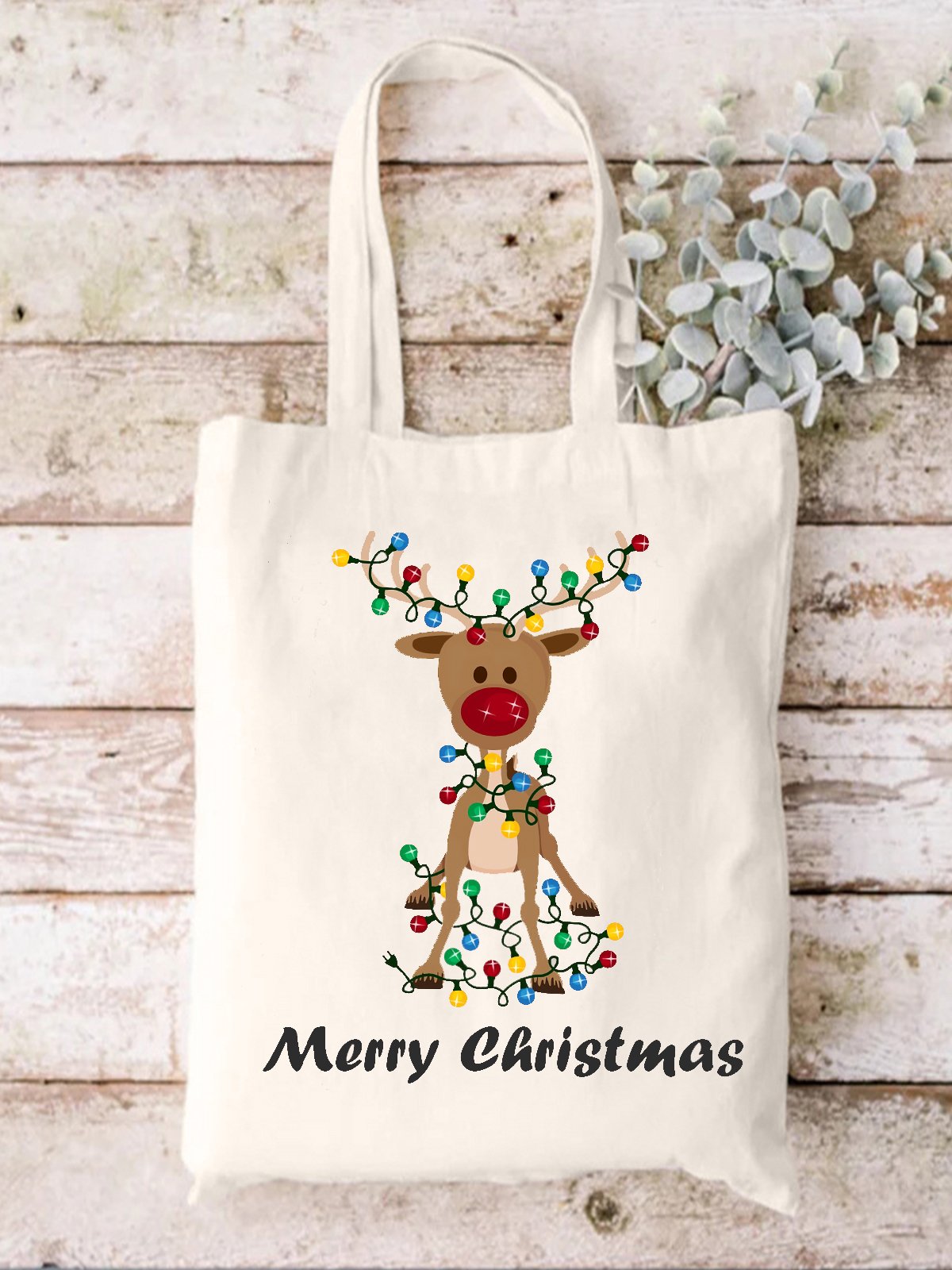 Merry Christmas Elk Colorful Light Bulb Christmas Graphic Shopping Tote