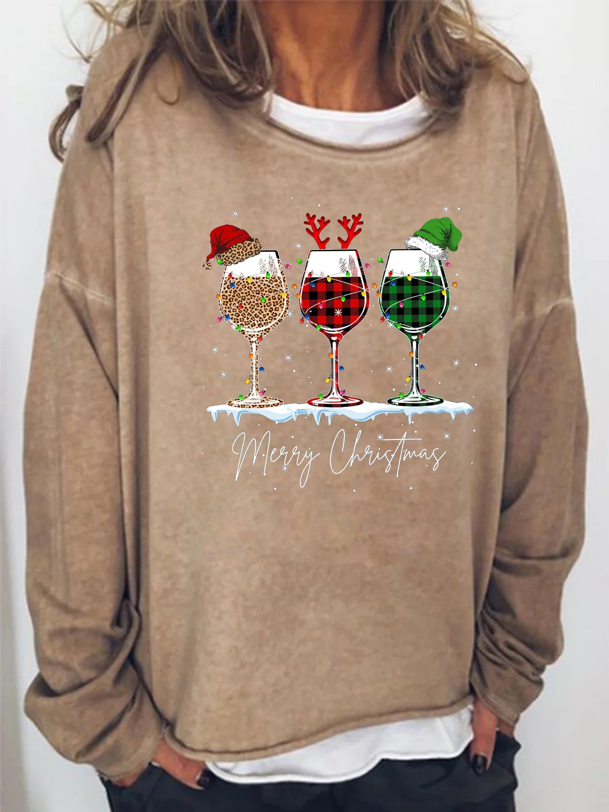 Women's Merry Christmas 3 Red Wine Glasses Christmas Crew Neck Casual Sweatshirt