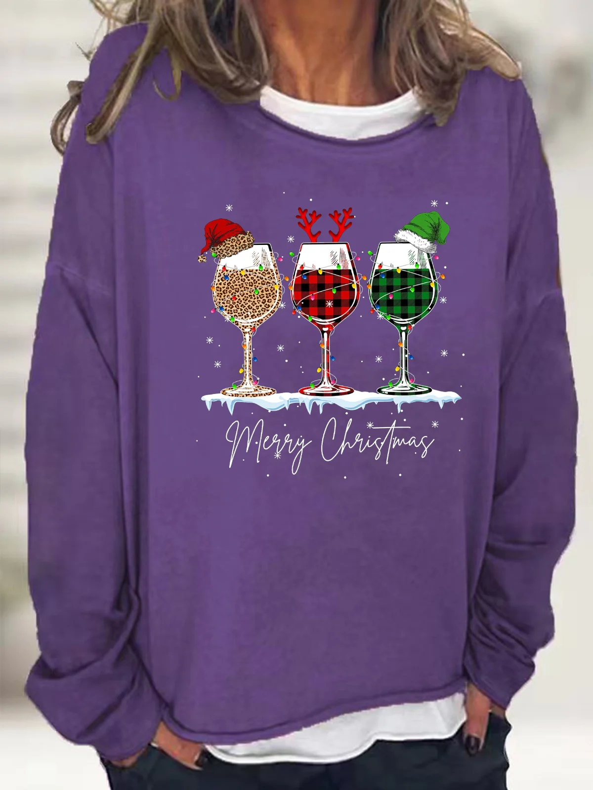 Women's Merry Christmas 3 Red Wine Glasses Christmas Crew Neck Casual Sweatshirt