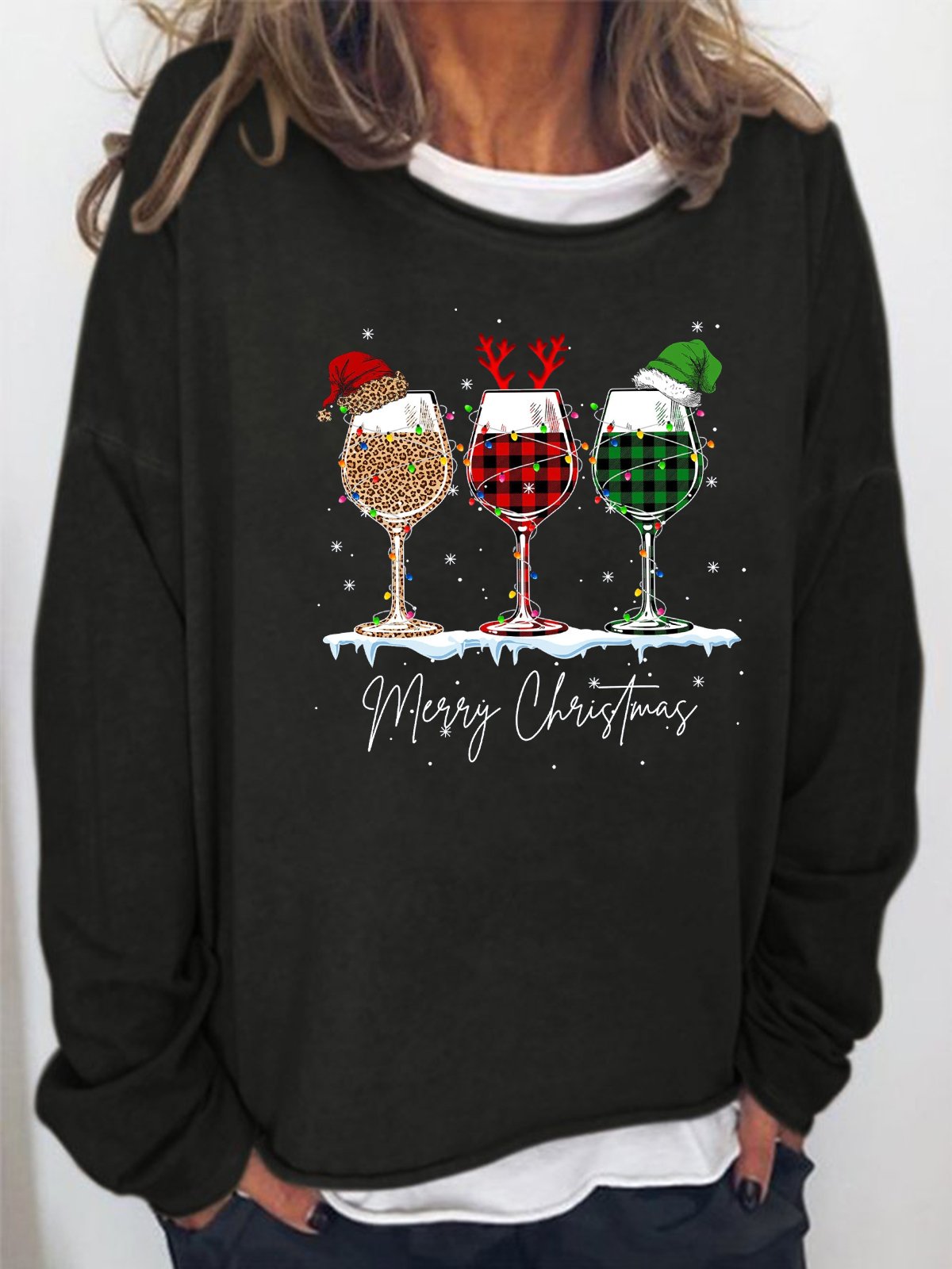 Women's Merry Christmas 3 Red Wine Glasses Christmas Crew Neck Casual Sweatshirt