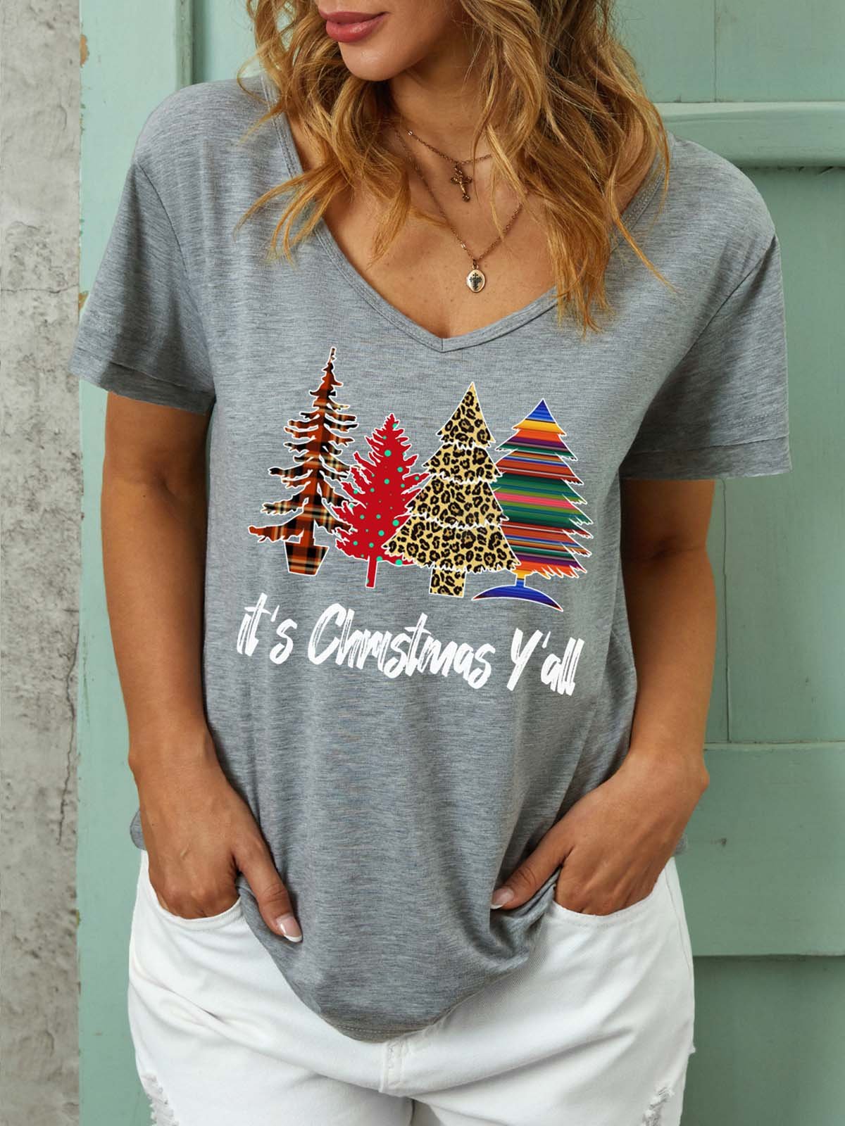 Women Christmas Tree V Neck Christmas Casual T-Shirt