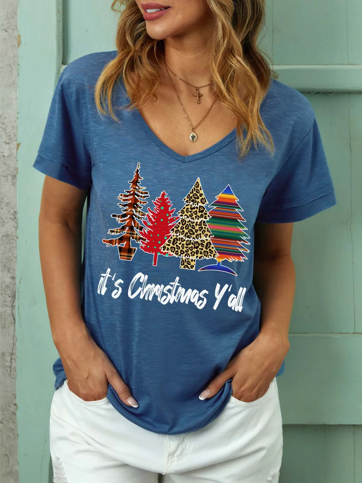 Women Christmas Tree V Neck Christmas Casual T-Shirt