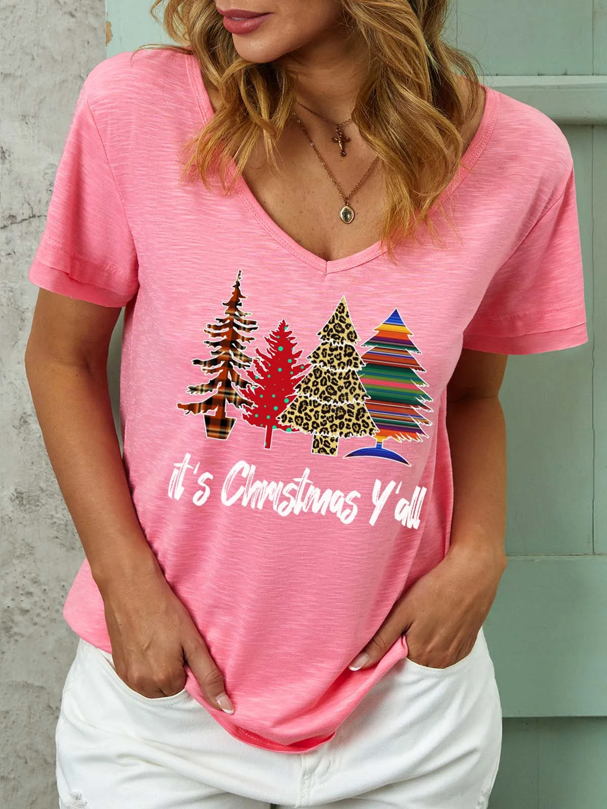 Women Christmas Tree V Neck Christmas Casual T-Shirt