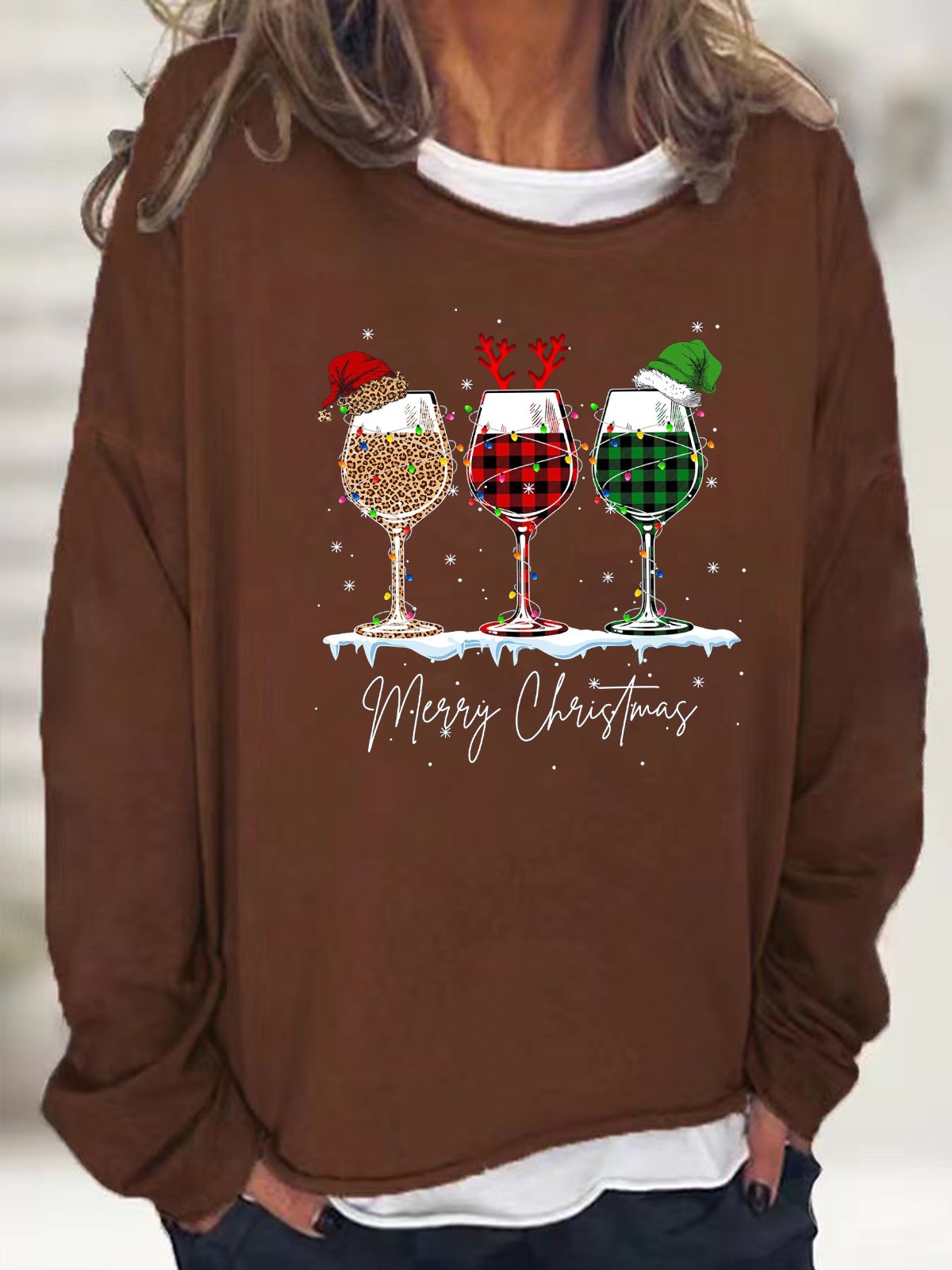 Women's Merry Christmas 3 Red Wine Glasses Christmas Crew Neck Casual Sweatshirt