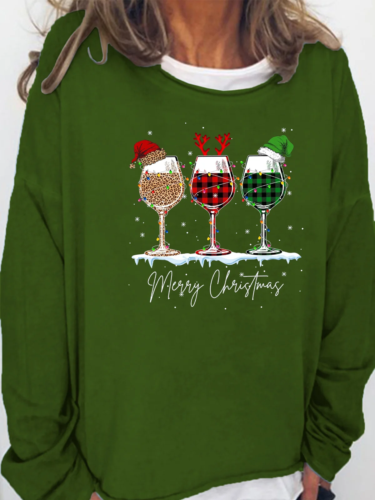 Women's Merry Christmas 3 Red Wine Glasses Christmas Crew Neck Casual Sweatshirt