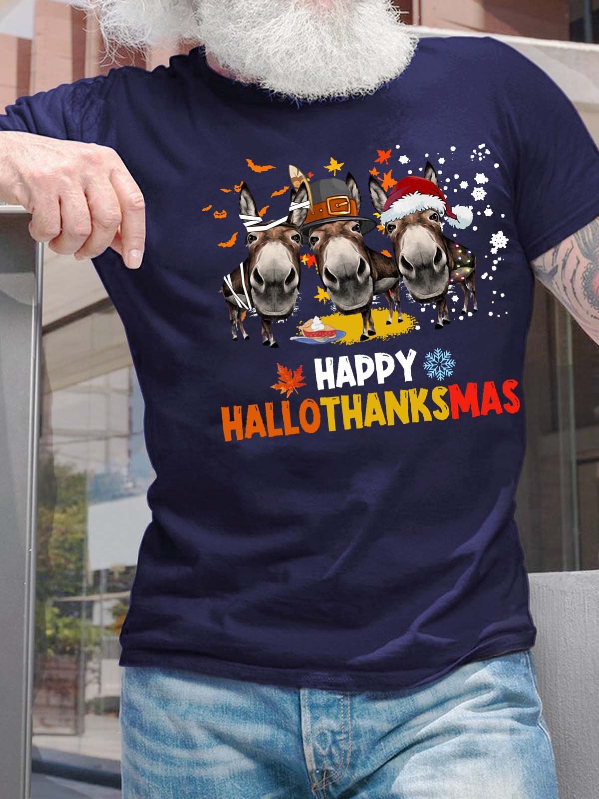 Men Happy Hallothanksmas Donkey Hat Merry Christmas Crew Neck Cotton Christmas T-Shirt