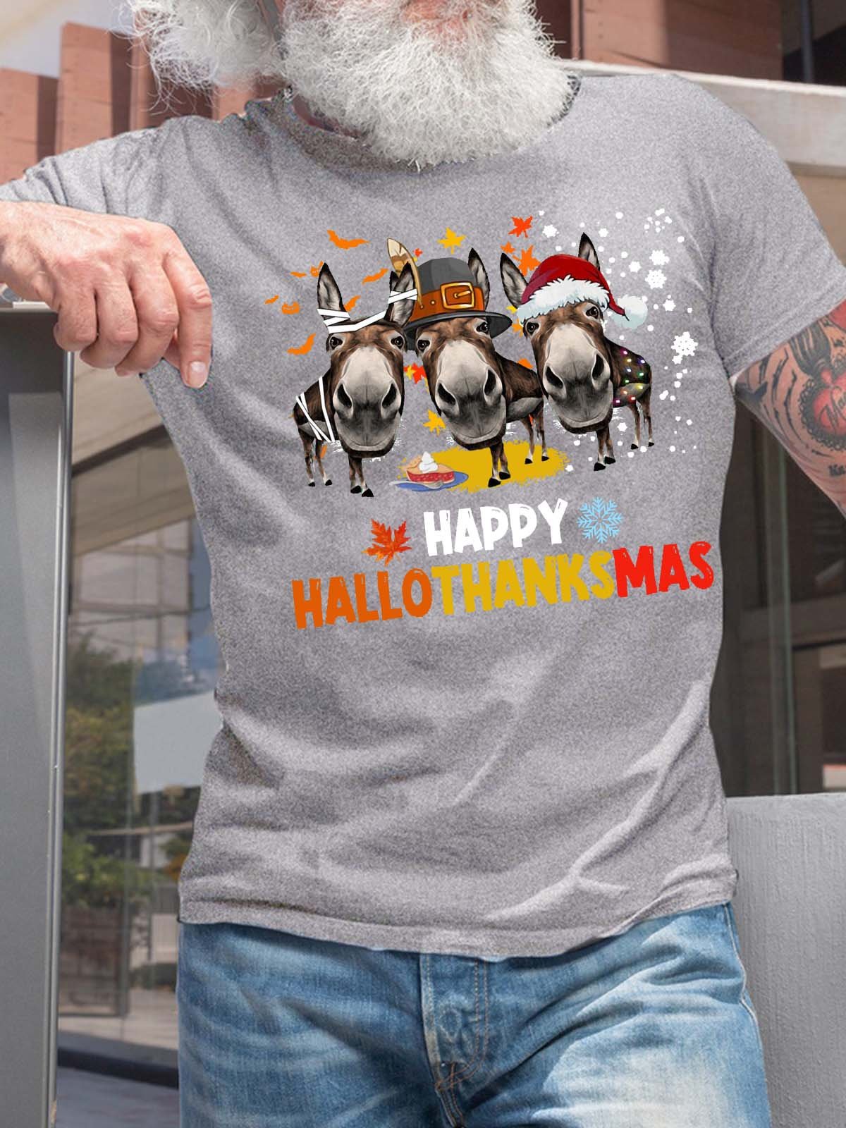 Men Happy Hallothanksmas Donkey Hat Merry Christmas Crew Neck Cotton Christmas T-Shirt