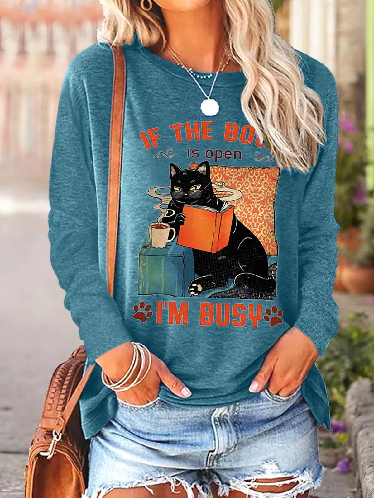 Women If The Book Is Open I’m Busy Cat Cotton-Blend Loose Top