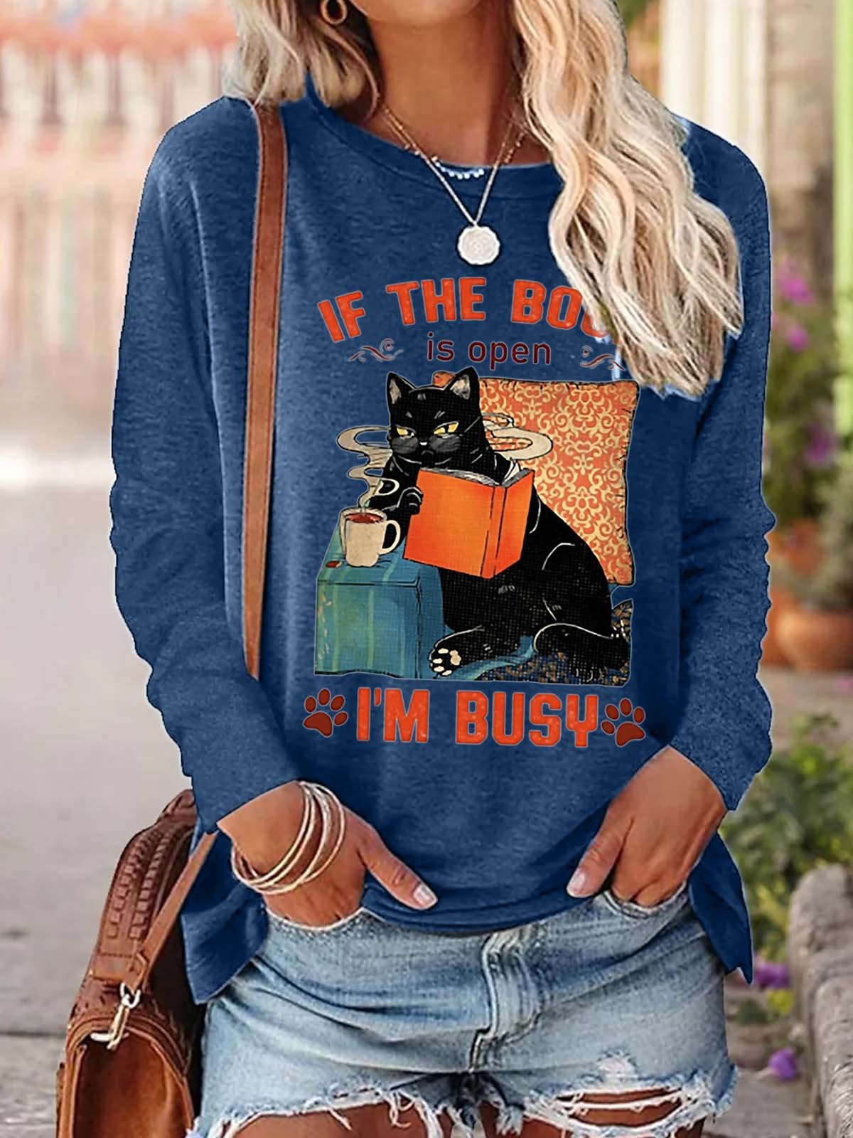 Women If The Book Is Open I’m Busy Cat Cotton-Blend Loose Top