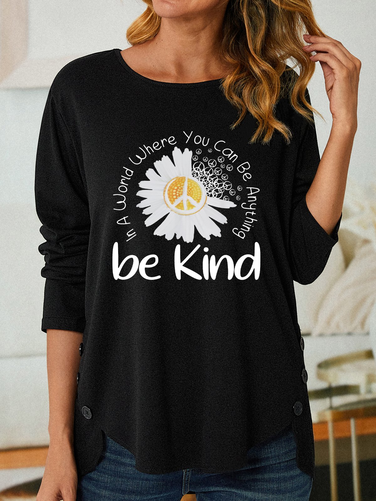 Women Sunflower Be Kind Text Letters Long sleeve Top