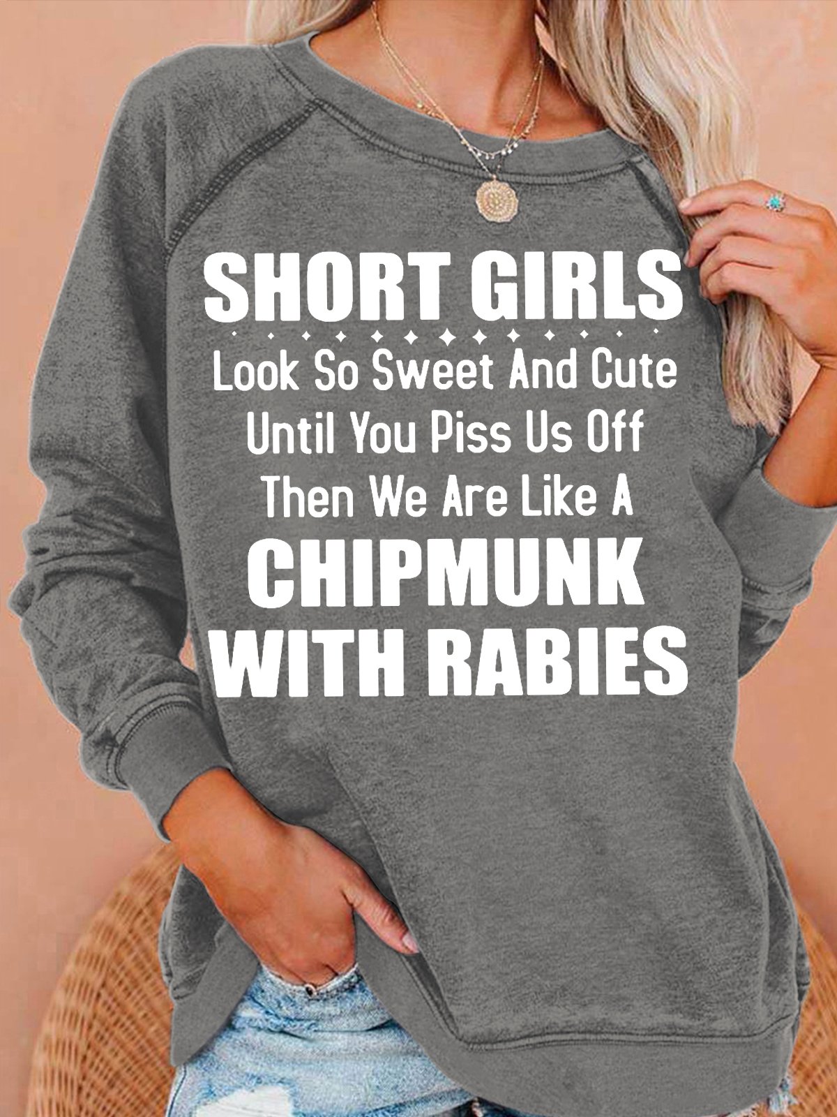 Womens Funny Letters Short Girls Look So Sweet And Cute Crew Neck Sweatshirt