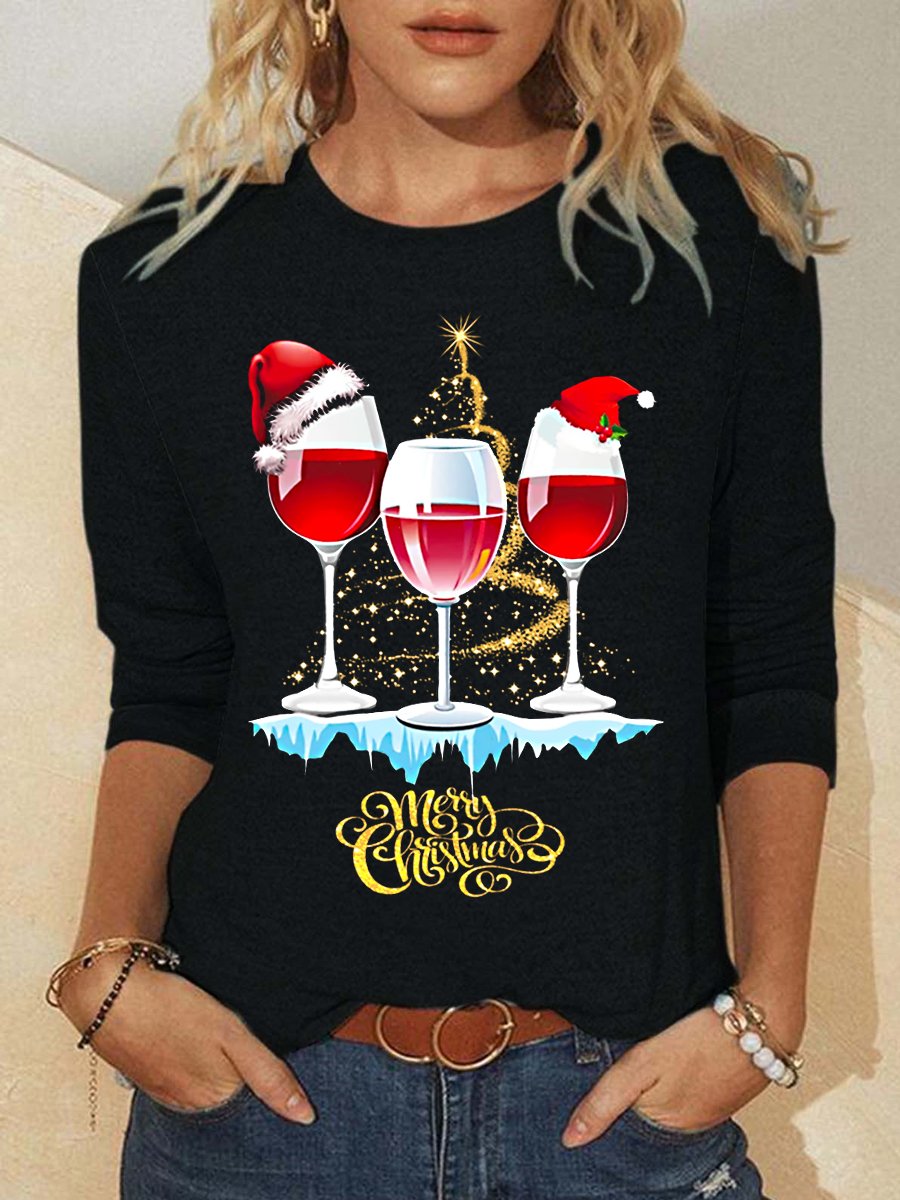 Women's Wine Simple Christmas Crew Neck Long Sleeve Top