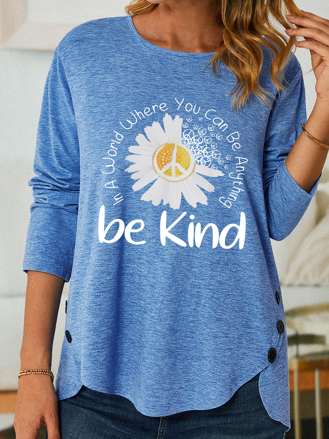 Women Sunflower Be Kind Text Letters Long sleeve Top