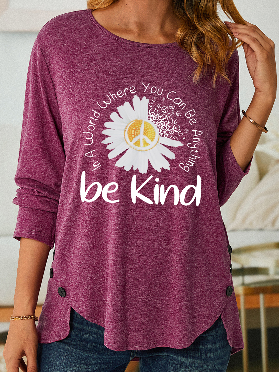 Women Sunflower Be Kind Text Letters Long sleeve Top