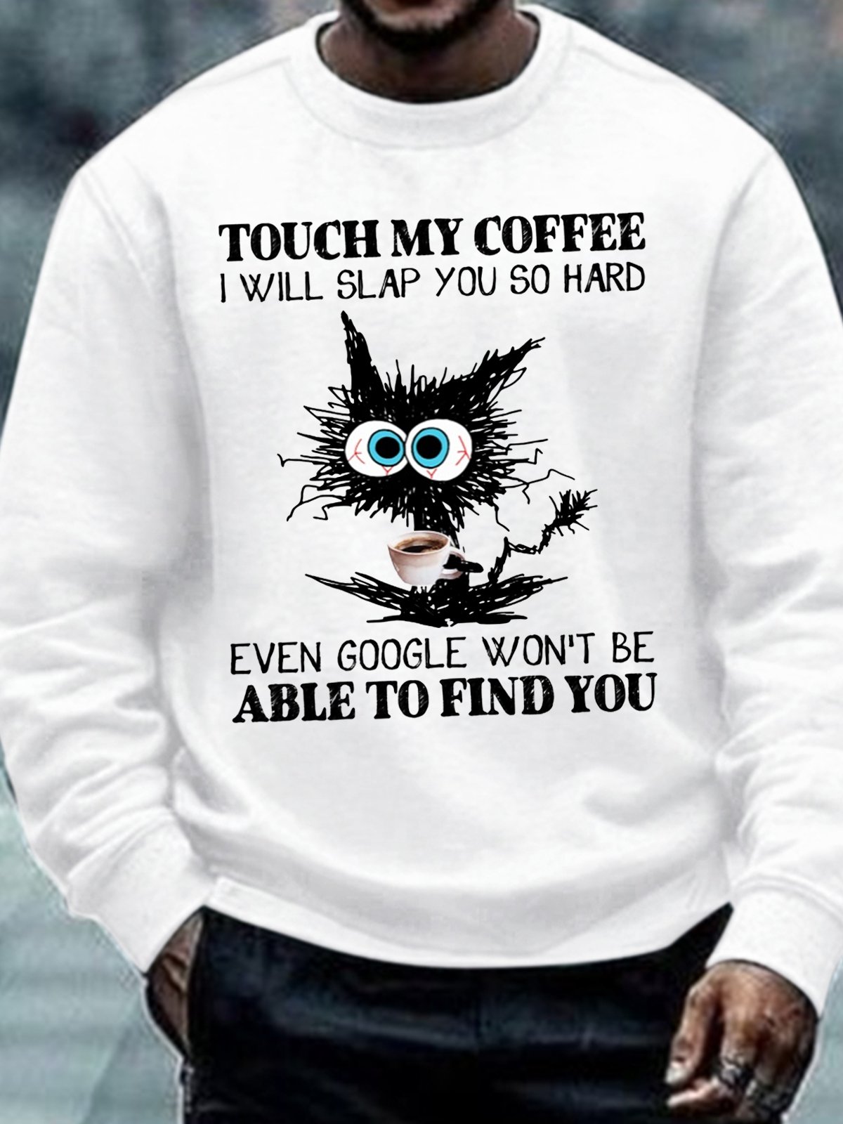 Men's Funny Coffee Letter Black Cat Sweatshirt