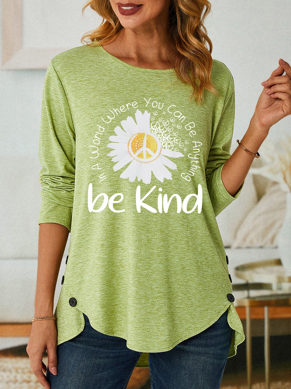 Women Sunflower Be Kind Text Letters Long sleeve Top