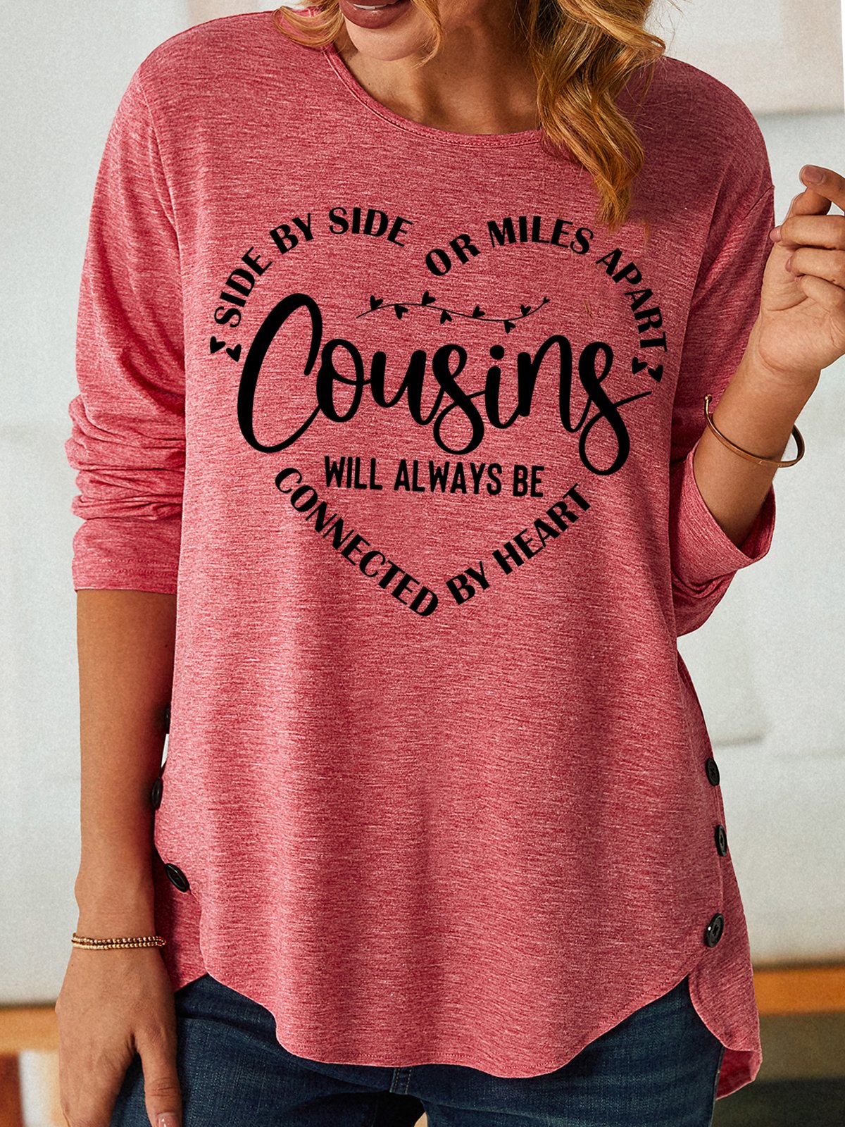 Women's Side by side or miles apart cousins connected by heart Crew Neck Long Sleeve Top