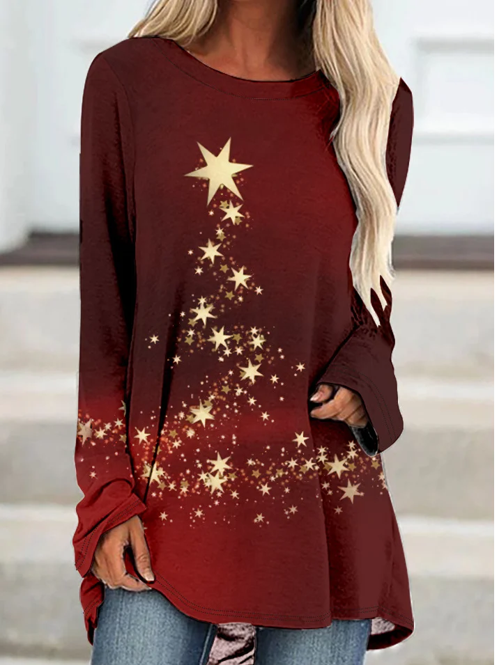 Womens Christmas Light Star Crew Neck Casual Top